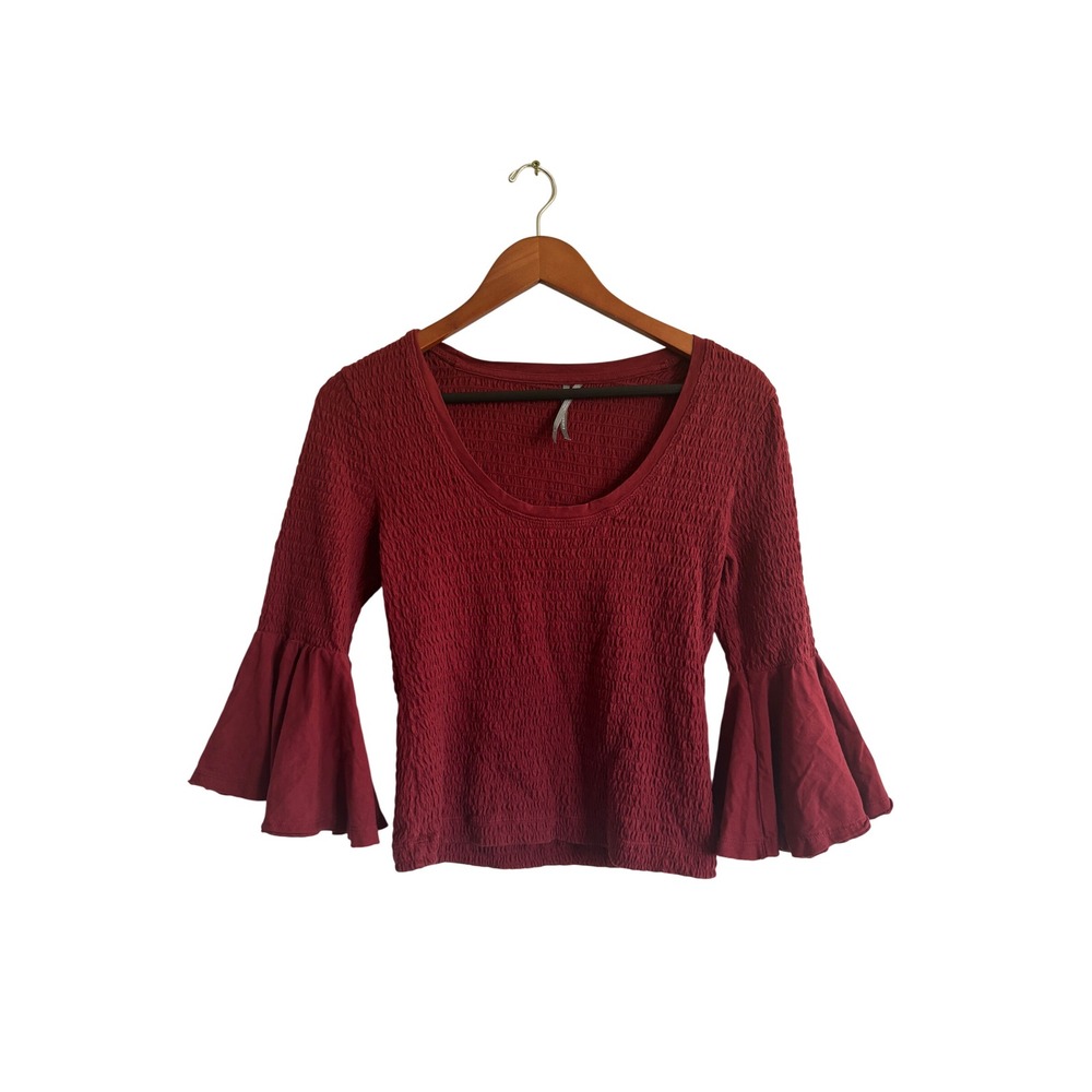 Anthropologie Top S Smocked Bell Sleeve Red Textured Blouse‎